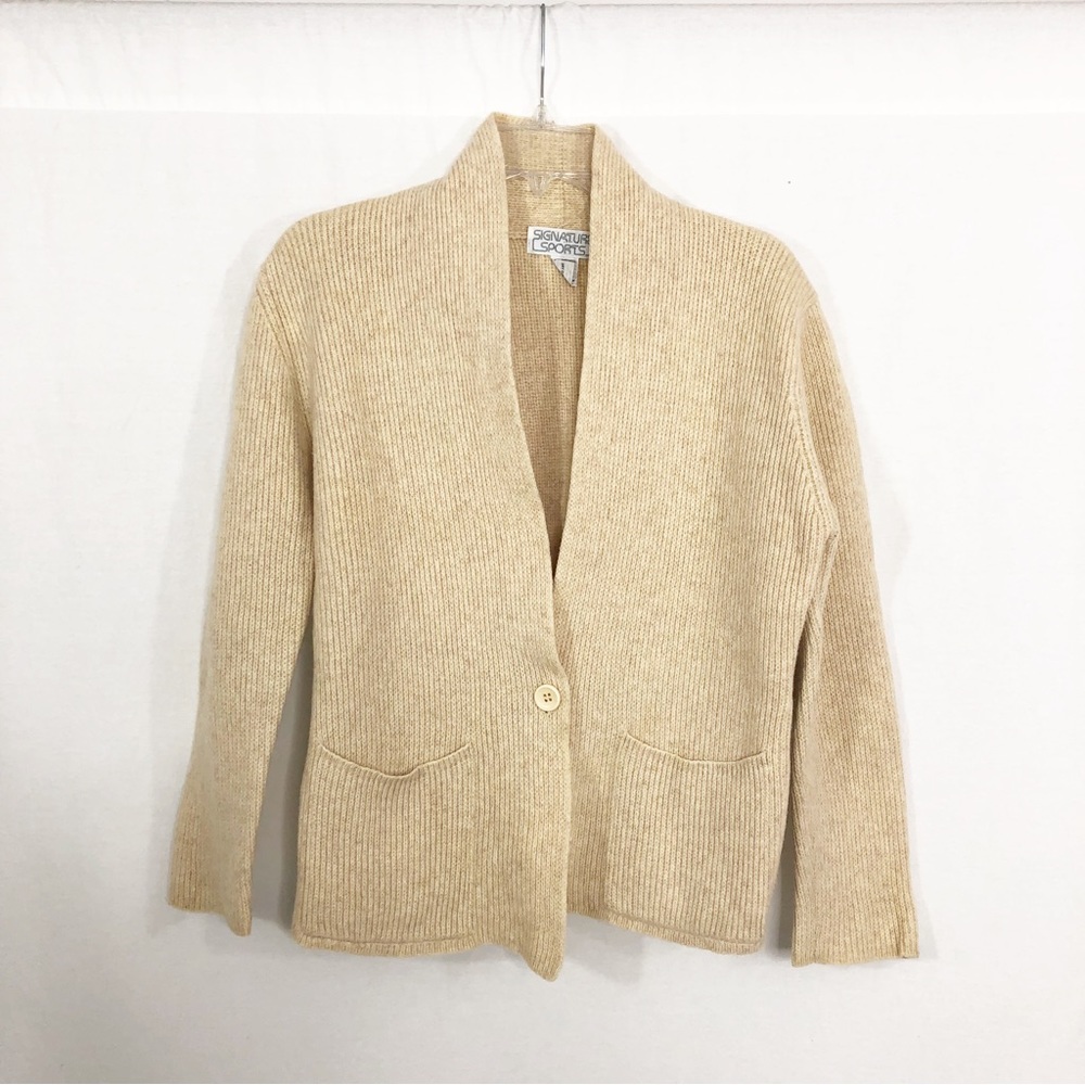 Signature Sports Vintage Angora Lambswool Cardigan Sweater, Size Medium, Tan